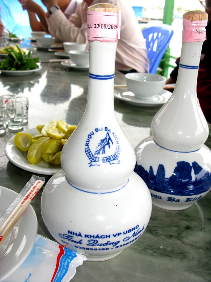 Bottles of liquor with morinda officinalis, or Indian Mulberry.