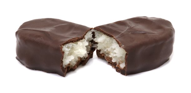 A Mounds candy bar broken in half.  Made of dark chocolate and coconut.