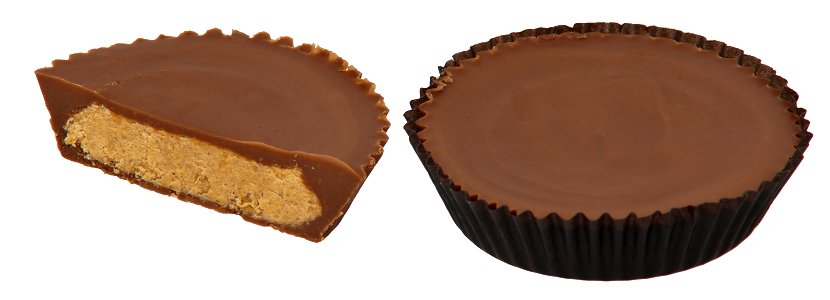Reese's Peanut Butter Cups, one with wrapper and the other is split in half. photo
