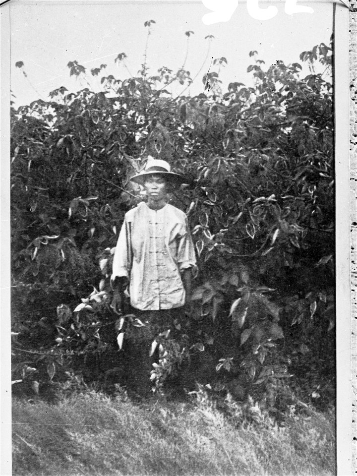 A young Chinese man dressed in white European-style dress with hat.