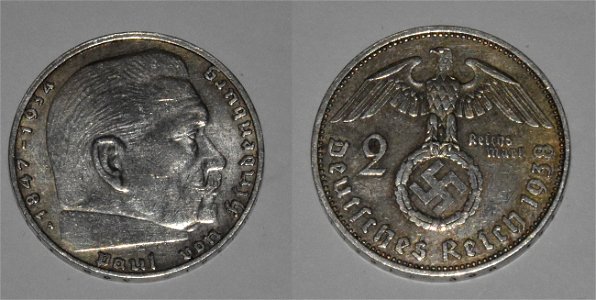 2 Reichsmark (Paul von Hindenburg) coin, 1938, 25mm wide, 2.15mm thick, 0.625 silver photo