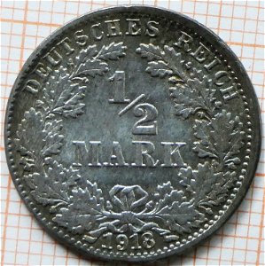 Deutsches Kaiserreich ½Mark 1918 J - Wertseite 2,77g 900er Silber, ø20mm, ↕1,05mm, Rand geriffelt photo