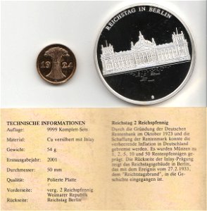 Gedenkprägung - Weimarer Republik 1919-1933, 2 Pfennig, Rückseiten mit Zertifikat.