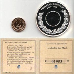 Gedenkprägung - Weimarer Republik 1919-1933, 2 Pfennig entfernt, mit Zertifikat.