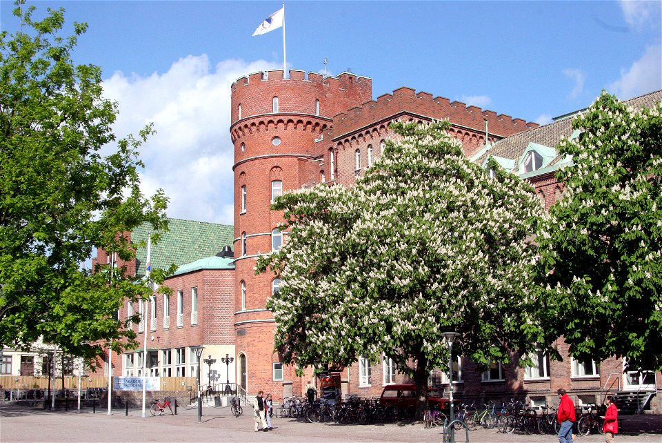 House of the Academic Society in Lund with common horse-chestnuts blooming in the front