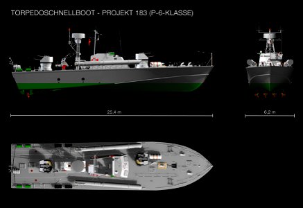 Typenblatt Torpedoschnellboot Projekt 183Русский:  Торпедный катер проекта 183 «Большевик», 3d-иллюстрация.