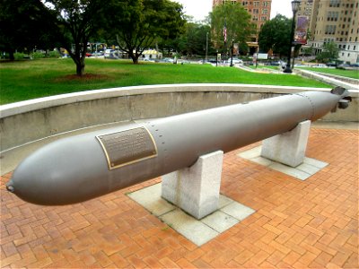 Soldiers and Sailors National Military Museum and Memorial (formerly Allegheny County Soldiers' Memorial), Pittsburgh, Pennsylvania, USA. This is an American torpedo from World War II; according to th photo