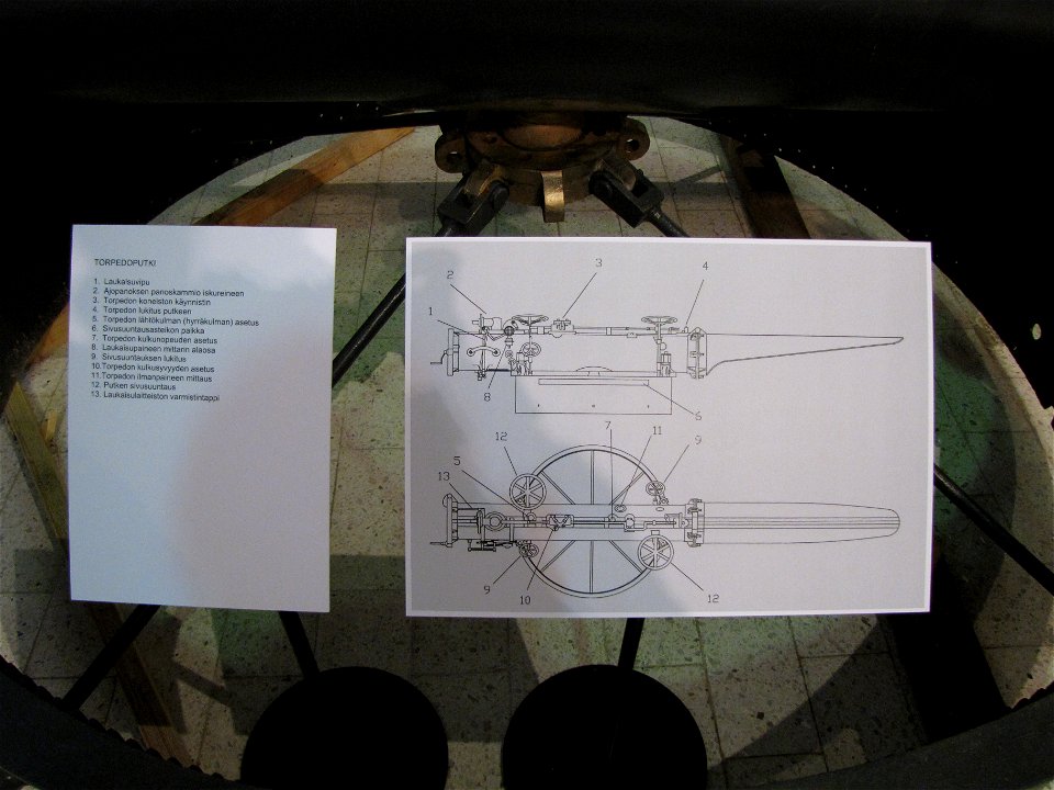 Diagram of the 456 mm (18.0 in) torpedo tube of the Finnish torpedo boat S2 in Manege Military Museum.
Firing lever
Launching charge chamber and firing pin
Torpedo engine starter
Torpedo loc