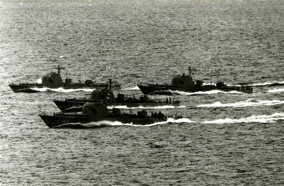 Torpedo boats HMS Plejad (T102), HMS Polaris (T103), HMS Pollux (T104), and HMS Aldebaran (T107) of the Swedish Navy. The eleven Plejad-class torpedo boats were built built by Lürssen shipyards, Breme