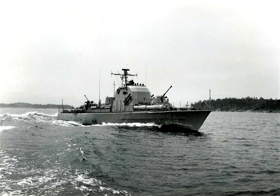 Torpedo boat HMS Pollux (T104). Pollux served with the Swedish Navy between 1954 and 1977, when she was decommissioned and sold to a private party. Pollux was built by Lürssen shipyards, Bremen, West 