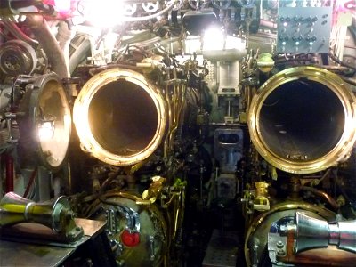 Two out of six torpedo tubes in the forward torpedo room of the USS Requin (SS-481) displayed on the Ohio River near the Carnegie Science Center in Pittsburgh, PA.