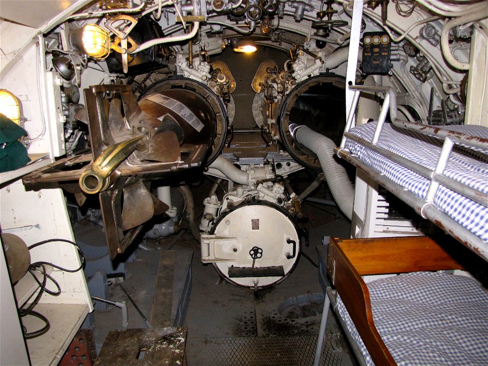 The three bow torpedo tubes of submarine Vesikko, preserved as a museum ship. The torpedo on the port upper tube is not original, but a similar calibre 533 mm (21.0 in) post-war Soviet torpe