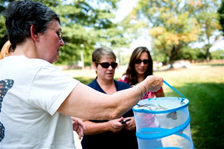 Cindy Wackerbarth, volunteer with Monarch Teacher Network, talks about Monarch butterflies with attendees of the butterfly release in Arlington National Cemetery, Sept. 1, 2015, in Arlington, Va. The 