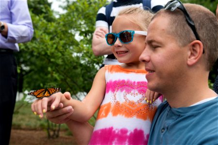 Emma, 6, and Alan Ashby release a Monarch Butterfly during a butterfly release with Monarch Teacher Network in Arlington National Cemetery, Aug. 9, 2016, in Arlington, Va. The cemetery plants several photo