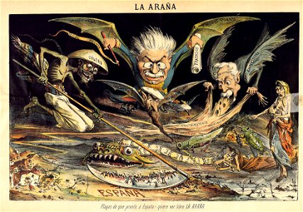 Plagas de que pronto, á España - quiere ver libre La ARAÑA, caricatura publicada en la revista satírica La Araña.