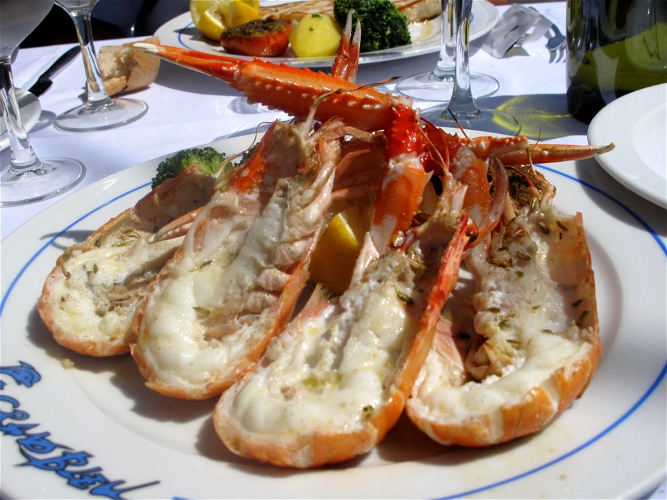 Langoustines (=large shrimps) in a restaurant of the Saleya market in Nice (Alpes-Maritimes, France).