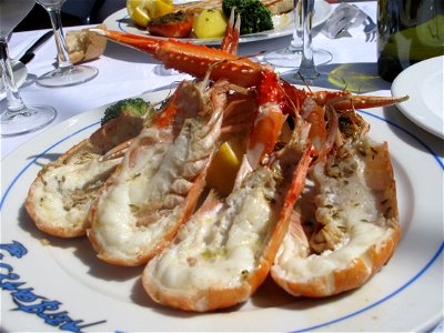 Langoustines (=large shrimps) in a restaurant of the Saleya market in Nice (Alpes-Maritimes, France).