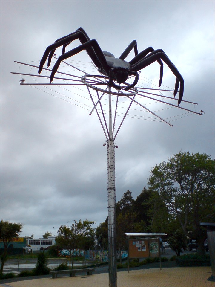 The Avondale spider, a local icon of the Avondale suburb in Auckland City, New Zealand. The spider is a local variety of large (but harmless to humans) huntsman spider which is rarely found anywhere e