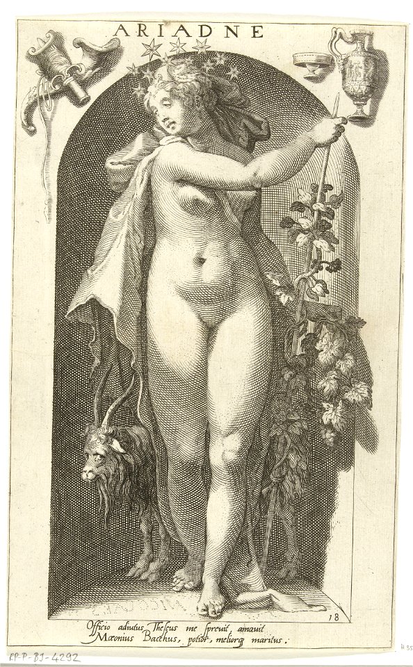 IdentificatieTitel(s): Ariadne (titel op object)Antieke Goden (serietitel)Objecttype: prent Serienummer: 18/20Objectnummer: RP-P-BI-4292Catalogusreferentie: Hollstein Dutch 35Opmerking: als Gillis van