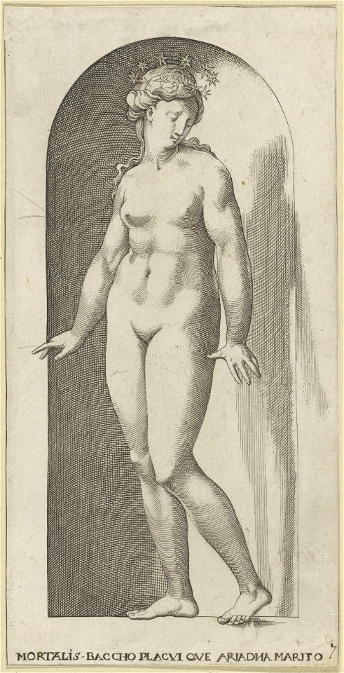 IdentificatieTitel(s): AriadneMortalis baccho placui que Ariadna marito (titel op object)Goden in nissen (serietitel)Objecttype: prent Objectnummer: RP-P-H-H-97Catalogusreferentie: The Illustrated Bar