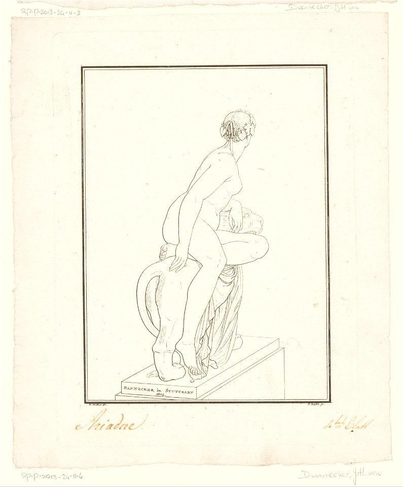 IdentificatieTitel(s): Ariadne zittend op een panter; achteraanzichtAanzichten van het beeld van Heinrich von Dannecker van Ariadne op de panter (serietitel) Objecttype: prent Objectnummer: RP-P-2013-