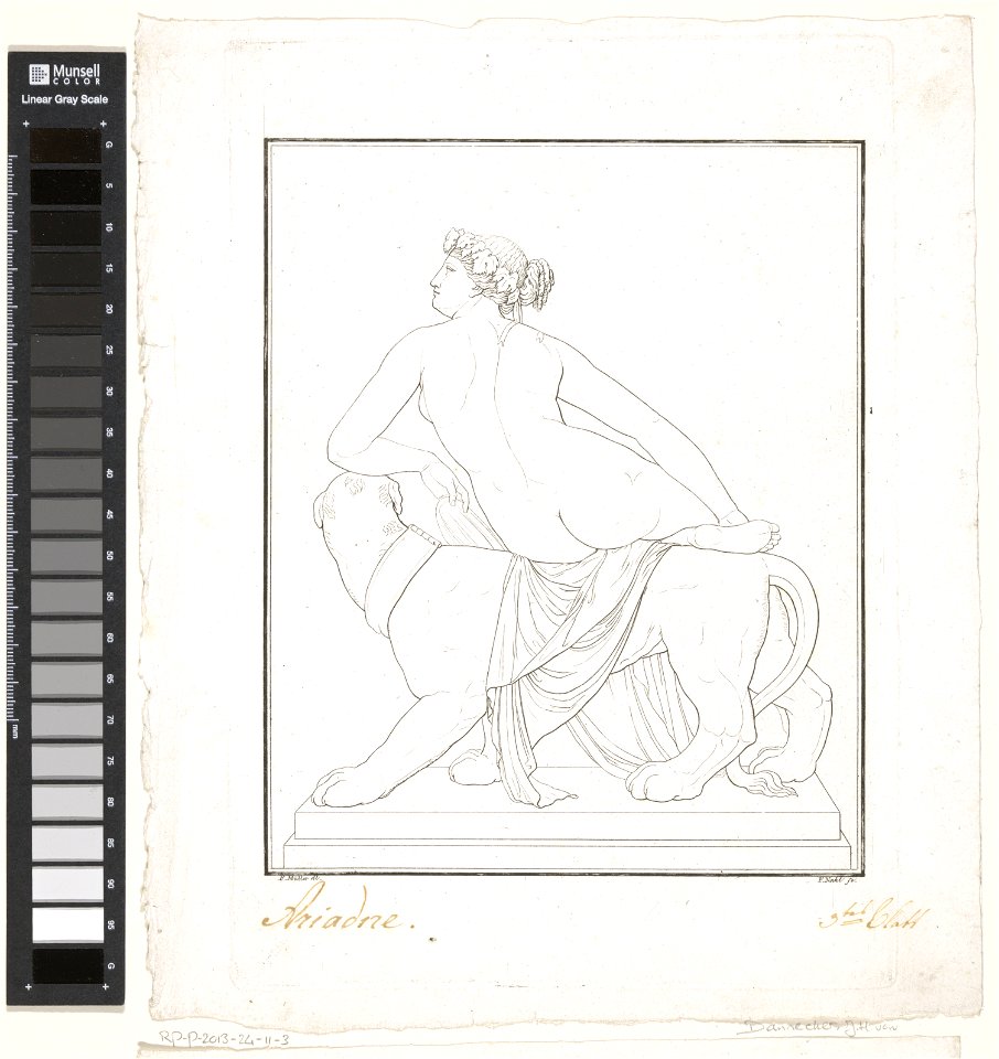 IdentificatieTitel(s): Ariadne zittend op een panter; zijaanzicht, Aanzichten van het beeld van Heinrich von Dannecker van Ariadne op de panter (serietitel) Objecttype: prent Objectnummer: RP-P-2013-2