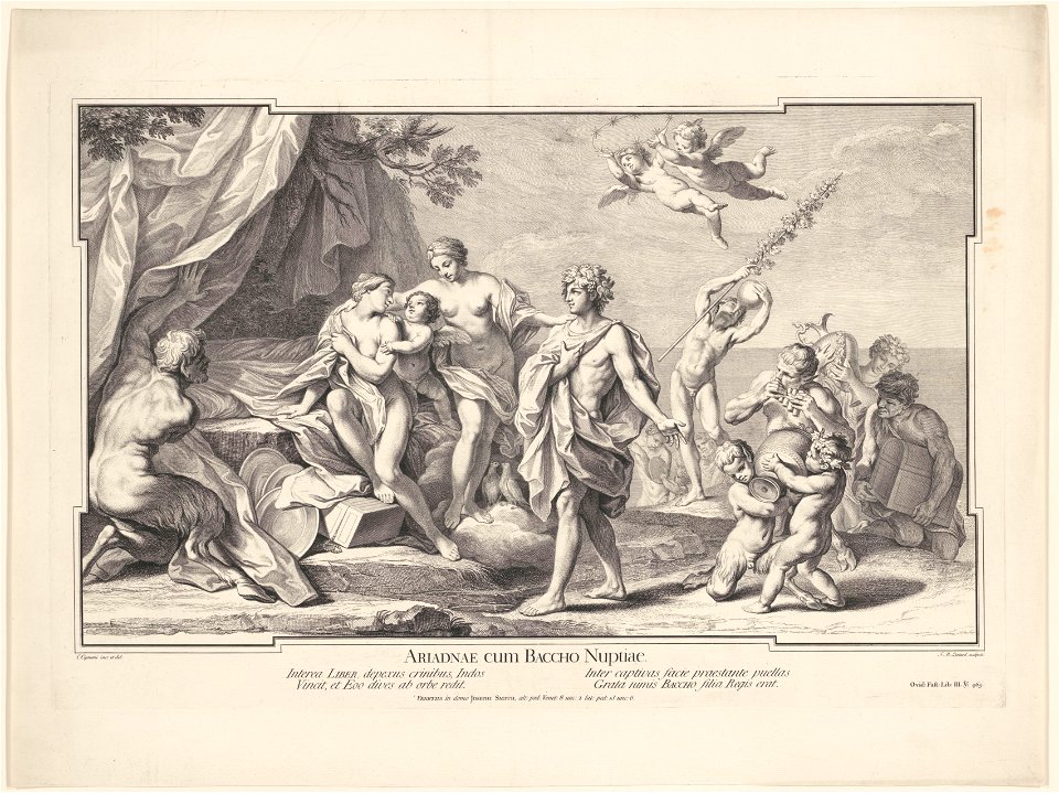 IdentificatieTitel(s): Huwelijk van Bacchus en AriadneObjecttype: prent Objectnummer: RP-P-OB-70.809VervaardigingVervaardiger: prentmaker: Jean Michel Liotardnaar tekening van: Carlo CignaniDatering: 