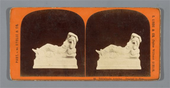 IdentificatieTitel(s): Sculptuur van de slapende AriadneSchlafende Ariadne. Original in Rom (titel op object)Objecttype: stereofoto Objectnummer: RP-F-F10340Opschriften / Merken: tekst, recto, gedrukt
