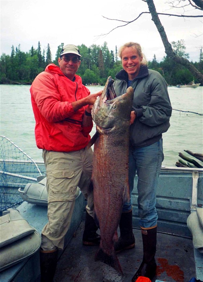 Image title: "Man and woman fishing with lage king salmon caught" (Man and woman with king salmon (O. tshawytscha)
Image from Public domain images website, http://www.public-domain-image.com/full-imag