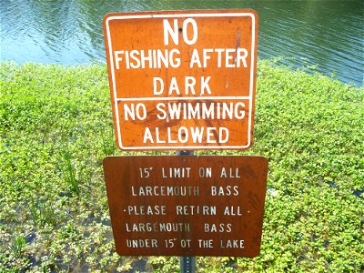 Please retırn all largemouth bass under 15" ot the lake. Sign in a park. photo
