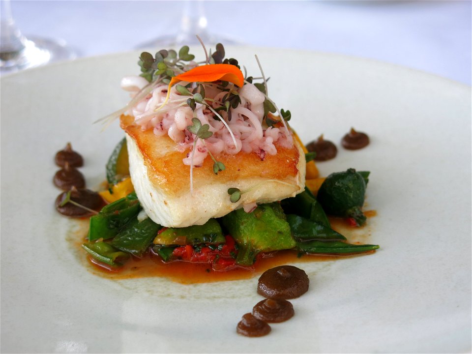 Filet of brill (Scophthalmus rhombus) roasted with butter and european squids (Loligo vulgaris) in the château de Brindos (Pyrénées-Atlantiques, France).