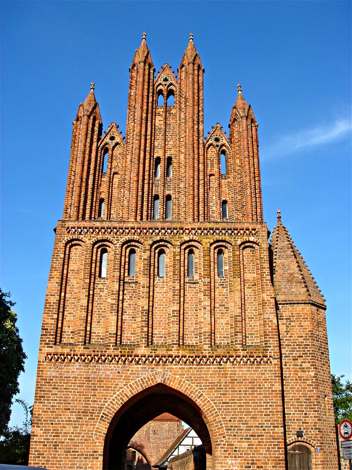 The Friedländer Tor (main gate, town side) in Neubrandenburg, Mecklenburg-Vorpommern. Typical example of a medieval Brick Gothic city gate.