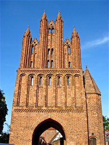 The Friedländer Tor (main gate, town side) in Neubrandenburg, Mecklenburg-Vorpommern. Typical example of a medieval Brick Gothic city gate.
