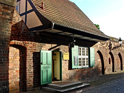 The Friedländer Tor (Torcafé, a half timbered house housing a café) in Neubrandenburg, Mecklenburg-Vorpommern. Typical example of a medieval Brick Gothic city gate.