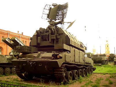 A 9A330 Transporter-Erector-Launcher and Radar with 9M330 missiles of the surface to air missile complex 9K330 «Tor» in Saint Petersburg Artillery museum