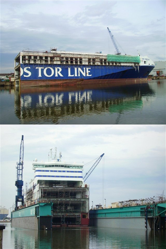 The lengthening of a ship: The roro-ship Tor Freesia has been cut into two pieces. On the upper part of the image, we see the cut off front component of the ship. On the lower part, we see the rest of