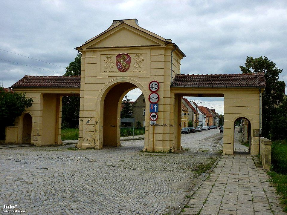 Brama nad wjazdem w ulicę (dziś nosi nazwę ul. Wolności) prowadzącą w stronę pałacu Brühlów. Jak głosi napis, bramę zrekonstruowano w 1931.