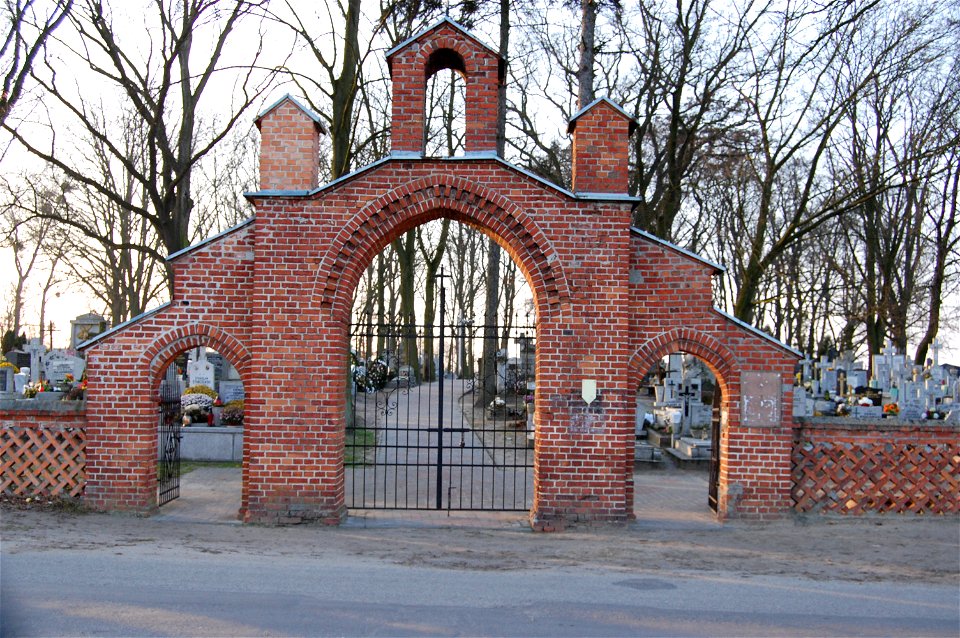 The gate to the cemetery in Sluzewo in Central Poland