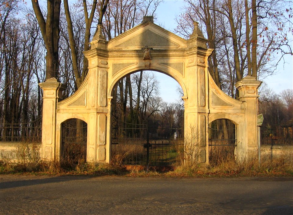 The entrance gate to Konopka's family manor in Podborze, Poland