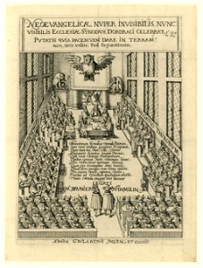 IdentificatieTitel(s): Spotprent op de synode van Dordrecht, 1619Neoevangelicae, nuper invisibilis, nunc visibilis Ecclesiae Synodus, Dordraci celebrata Ao. 1618 et 1619 (titel op object)Objecttype: p