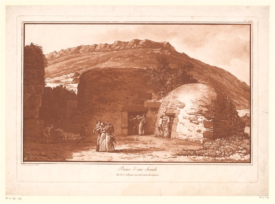 IdentificatieTitel(s): Gezicht op de termen van San Calogero te Lipari met figurenLes Bains antiques d'eau chaude dits de Saint Calogero, à Lipari (titel op object)Voorstellingen van Sicilië, Malta en