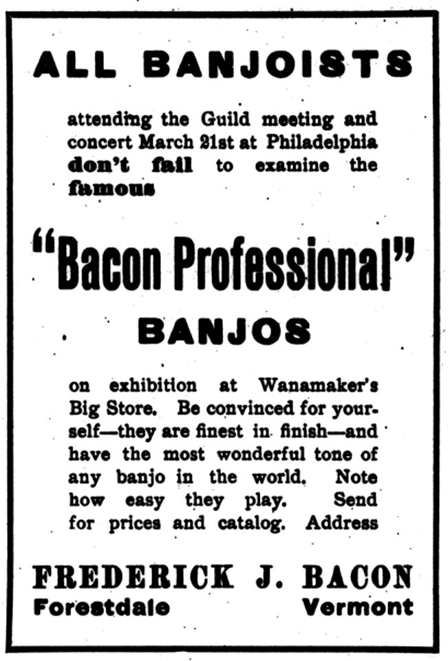 advertisement, Bacon Professional Banjos, Cadenza Magazine, March 1907, p. 56
