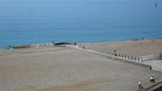 Banjo Groyne, on Brighton beach opposite Paston Place, City of Brighton and Hove, England.  A groyne and walkway built in about 1880.  Listed at Grade II by English Heritage (IoE Code 482056)