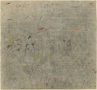 IdentificatieTitel(s): De kroning van RamaObjecttype: Indiase miniatuur tekening Objectnummer: AK-MAK-1539Omschrijving: Gestileerde modeltekening met de priester die het huwelijk inzegent in het midde