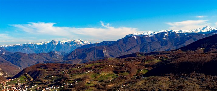 Prenj mountain on the left (backgroud), mountain Čvrsnica on the right, Prozor in the bottom left