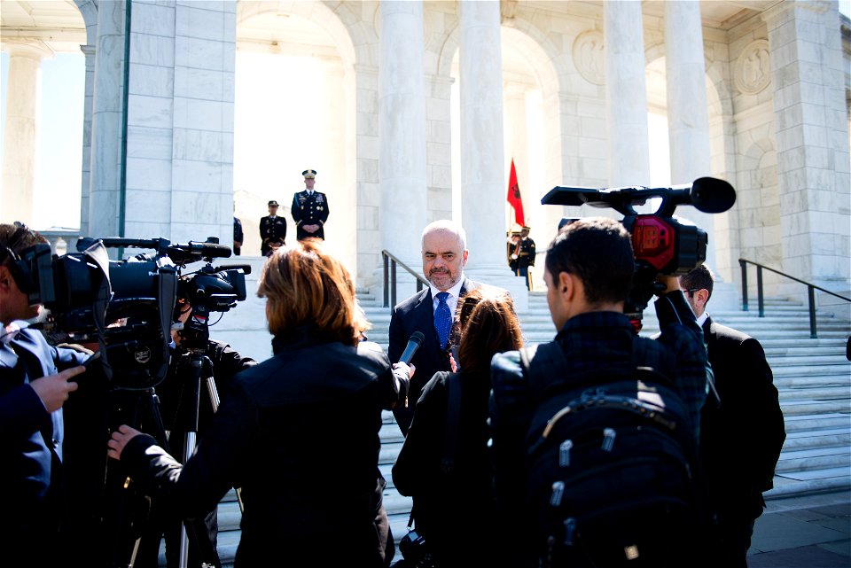 Prime Minister of the Republic of Albania Edi Rama speaks with media after a full honor wreath laying ceremony at the Tomb of the Unknown Soldier in Arlington National Cemetery, April 13, 2016, in Arl
