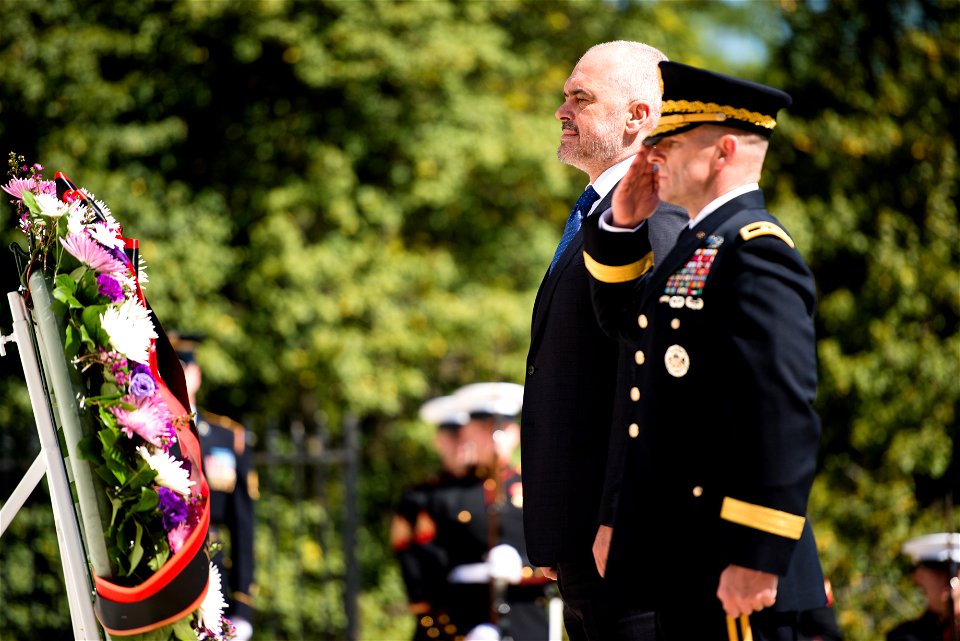 Prime Minister of the Republic of Albania Edi Rama, left, is escorted by Maj. Gen. Bradley A. Becker, second left, commanding general of U.S. Army Military District of Washington and Joint Force Headq