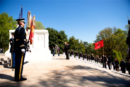 Prime Minister of the Republic of Albania Edi Rama, center, is escorted by Maj. Gen. Bradley A. Becker, center right, commanding general of U.S. Army Military District of Washington and Joint Force He
