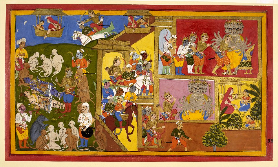 Rama & Lakshmana bound

Rama & Lakhsmana lie on the battlefield, ensnared in the weapons of Indrajit, the monkeys and generals stand around them. Indrajit returns to the city in triumph and is