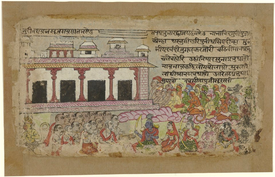 IdentificatieTitel(s): Rama en Sita met apenleger voor paleisObjecttype: Indiase miniatuur tekening Objectnummer: RP-T-1993-365-(V)Omschrijving: Koning Rama en zijn vrouw Sita gezeten op een troon voo